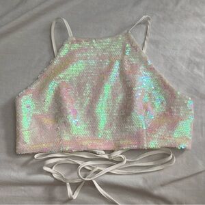 Superdown Green and Pink Sequin Tie Front Tank Top
